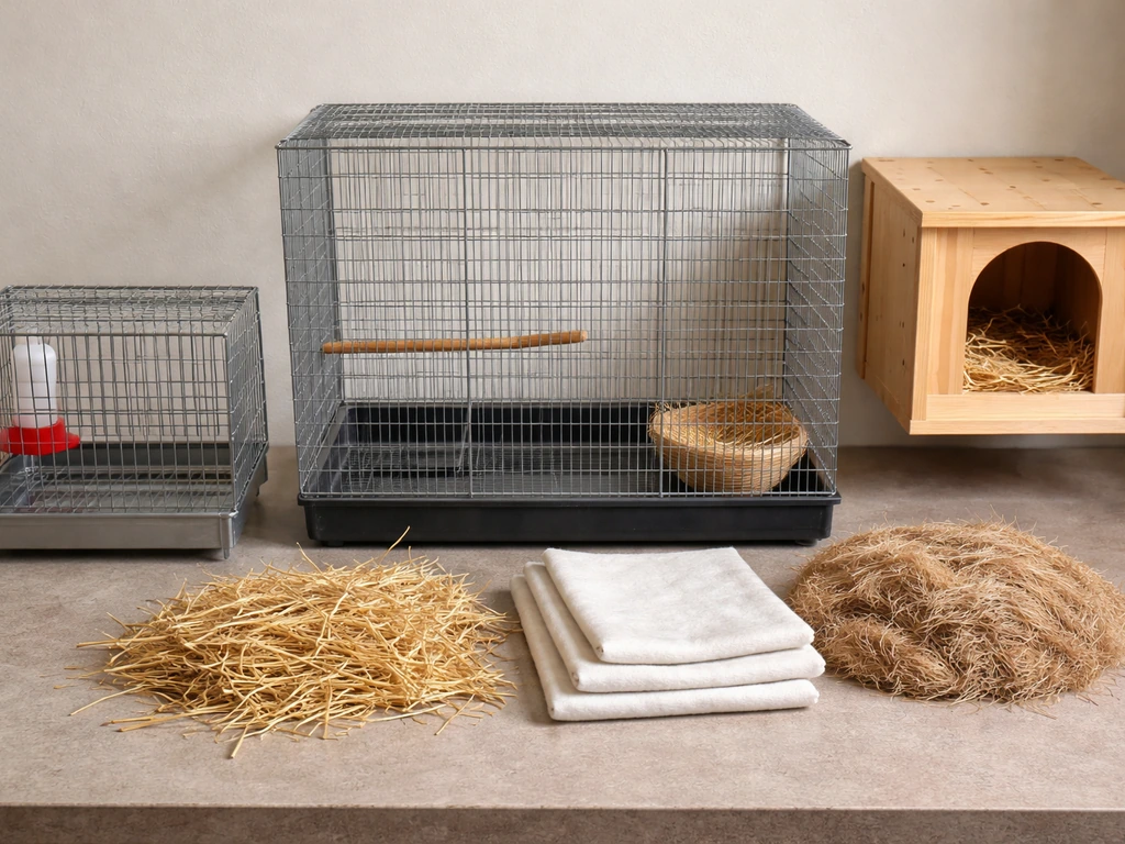 Close-up comparison of wire breeding cages, an aviary enclosure, mounted nest boxes, and nesting materials.