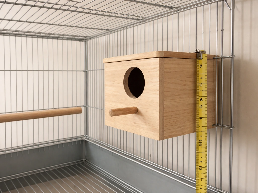 Measuring tape beside a mounted nest box on a bird cage, showing proper height and orientation.