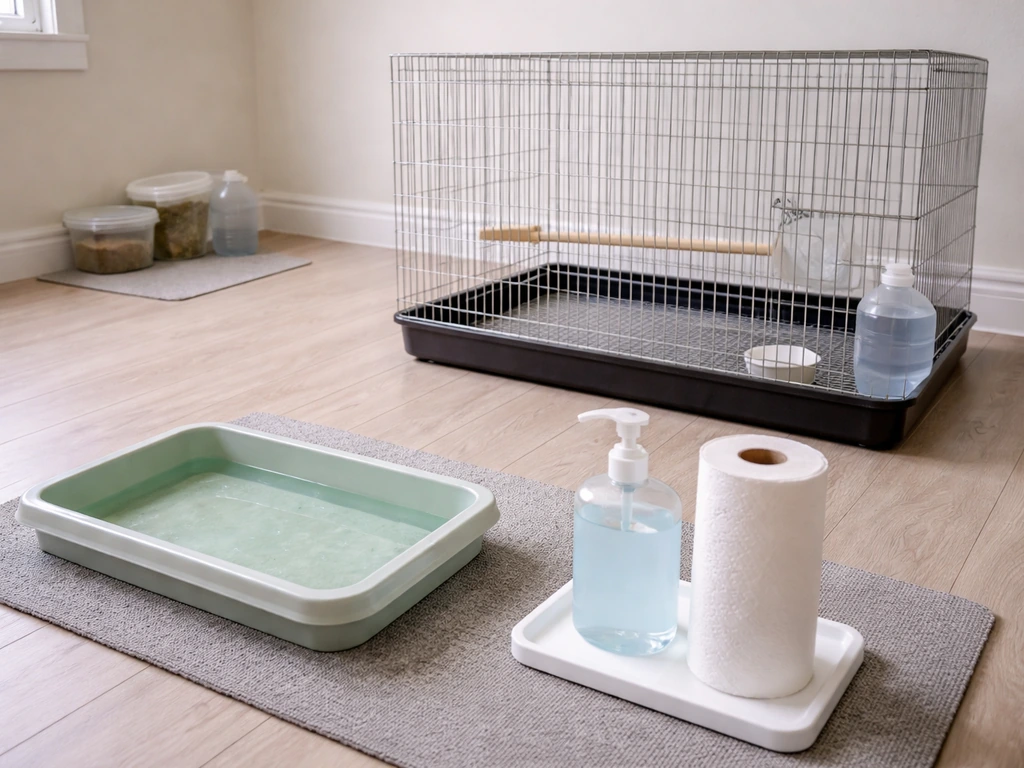 Clean quarantine cage setup with footbath, hand hygiene, and separate food and water supplies for birds.