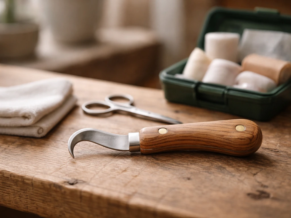 Bird hook knife on a wooden workbench beside lint-free cloth, small scissors, and first-aid supplies.