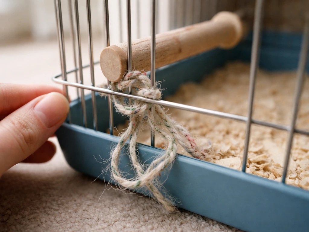 Pet cage corner with frayed rope string tangled near a small foot area, bird off-frame for safety.