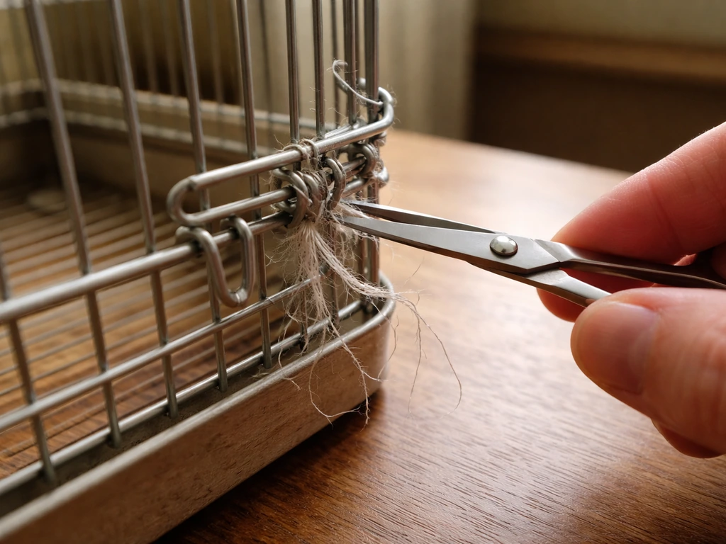 Empty birdcage corner with frayed string snagged in wire while scissors hover nearby.