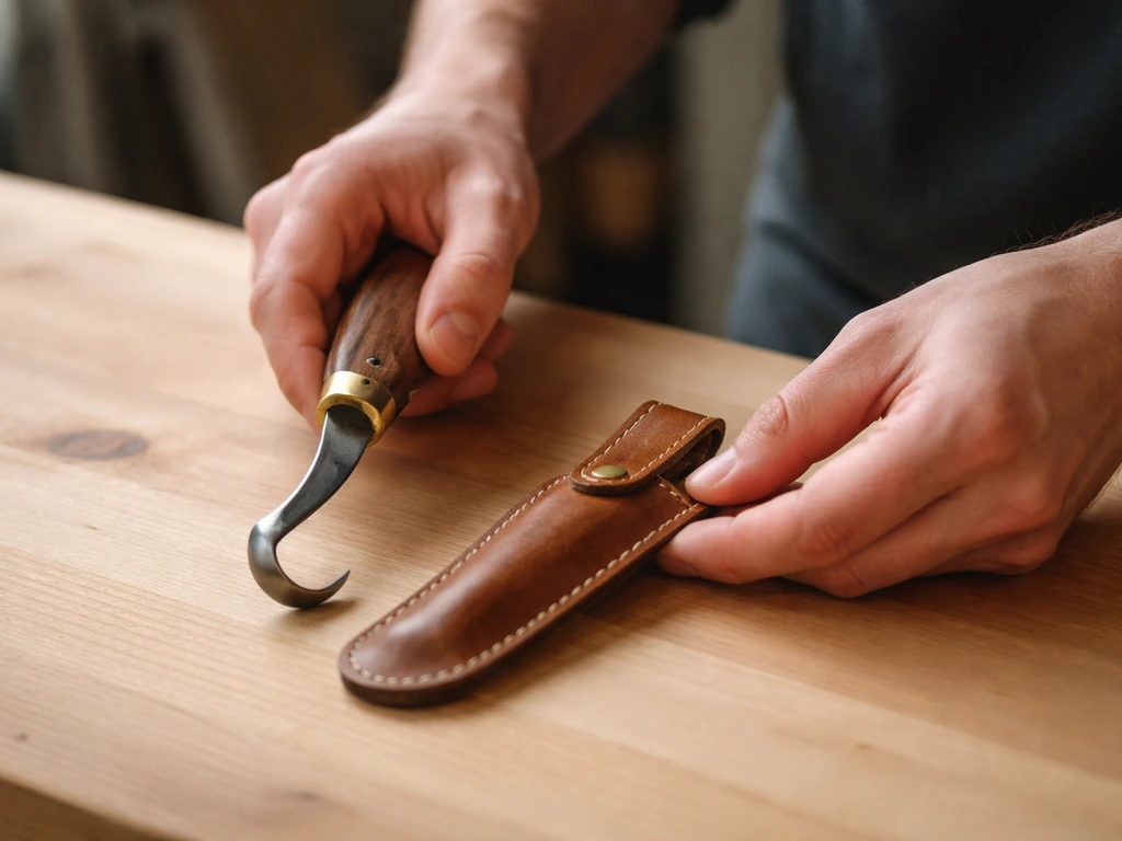 Person’s hands safely holding a hook knife and adjusting its sheath on a clean workbench