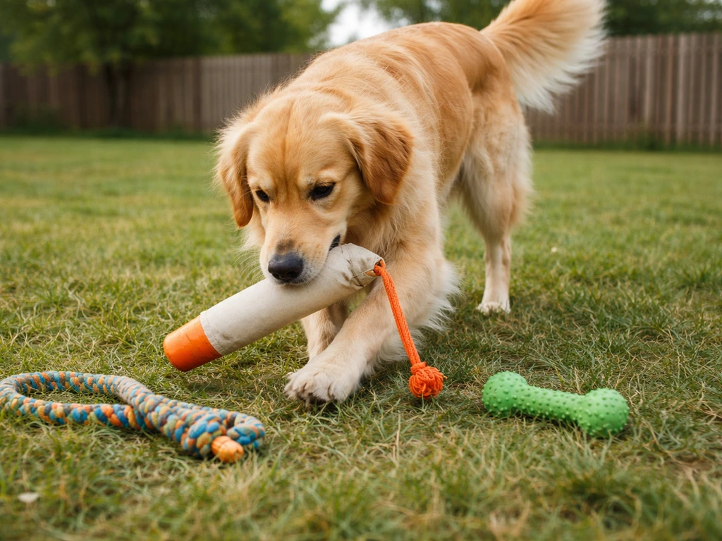 Bird dog actively engaged with retrieving, tug, and chew toys in a grassy outdoor yard