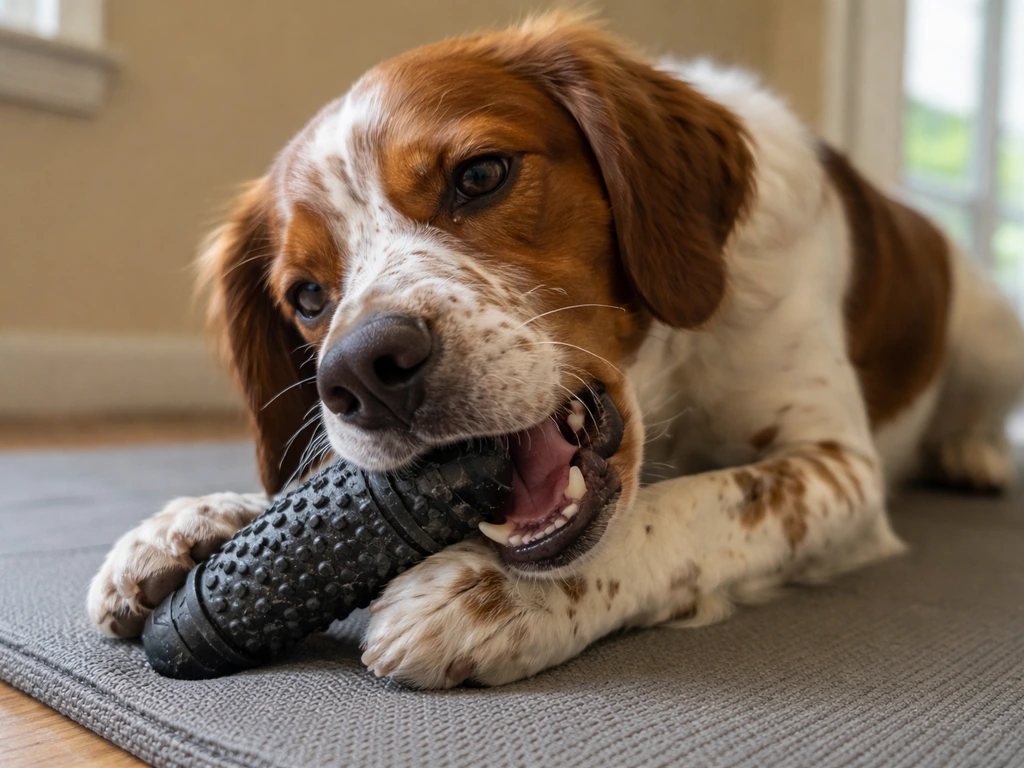 Bird dog chewing a hard rubber chew toy on a training mat in soft natural light.