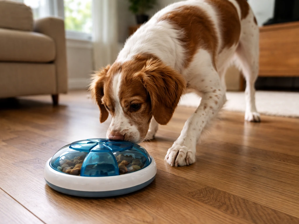 Bird dog nudging an interactive treat-dispensing puzzle toy on a hardwood floor.
