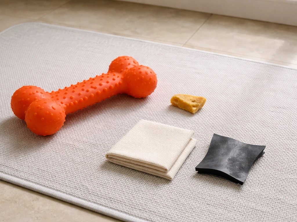 Minimal safety still life: correctly sized chew toy beside a too-small chew piece and material samples.