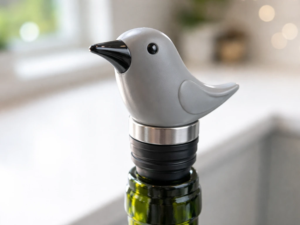 Bright close-up of a bird-shaped wine pourer on a kitchen counter, showing the bird top clearly.