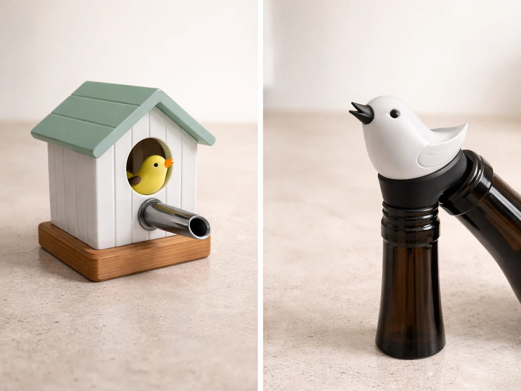 Side-by-side view of a bird-themed feeder look-alike versus a bird-shaped wine pourer on a countertop.