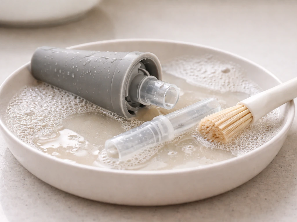 Disassembled silicone pourer parts soaking and rinsed with warm soapy water and a small brush