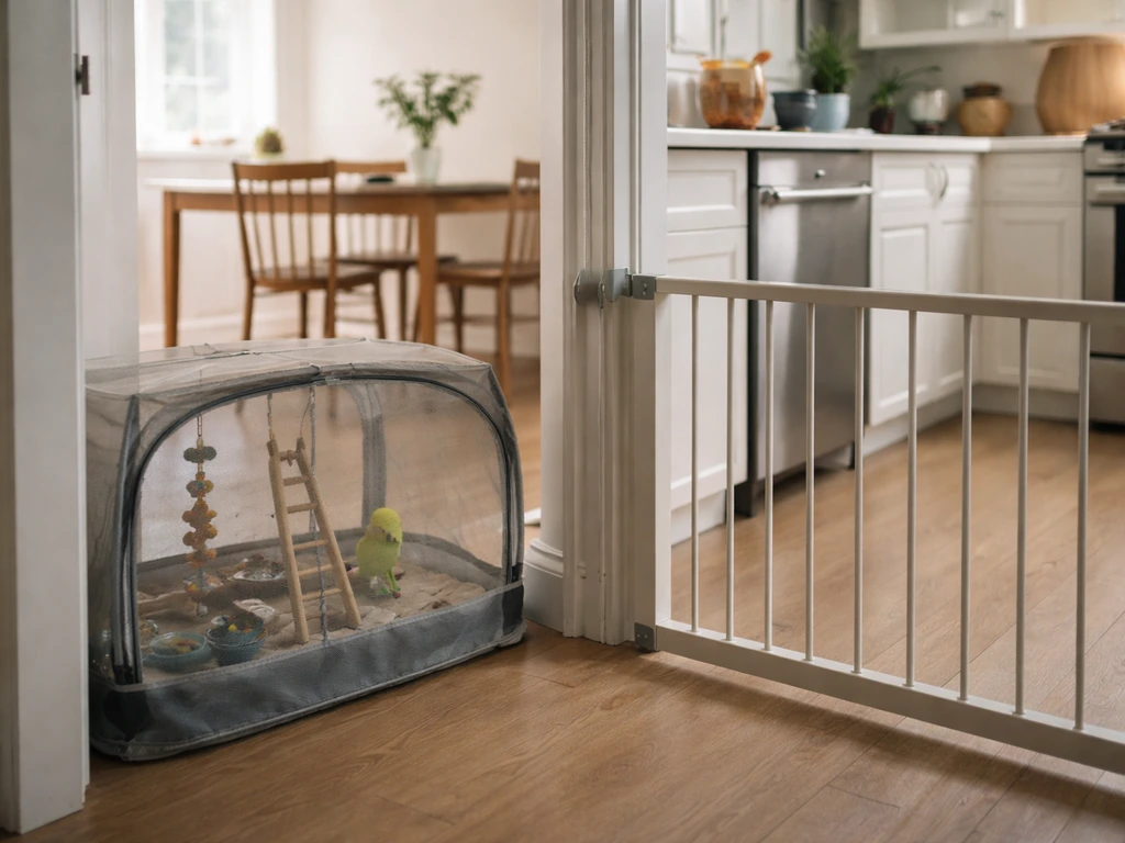 Small pet bird safely contained in a closed enclosure near an open kitchen/dining doorway separation.