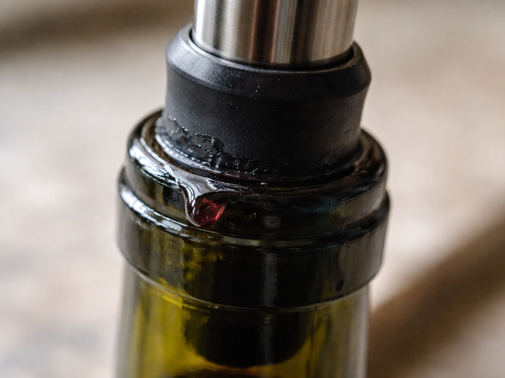 Close-up of wine bottle pourer with silicone stopper area showing worn, leaking seal