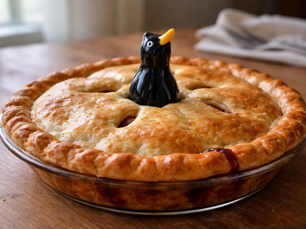 Golden double-crust fruit pie with a visible pie bird chimney for venting and cleaner baking.