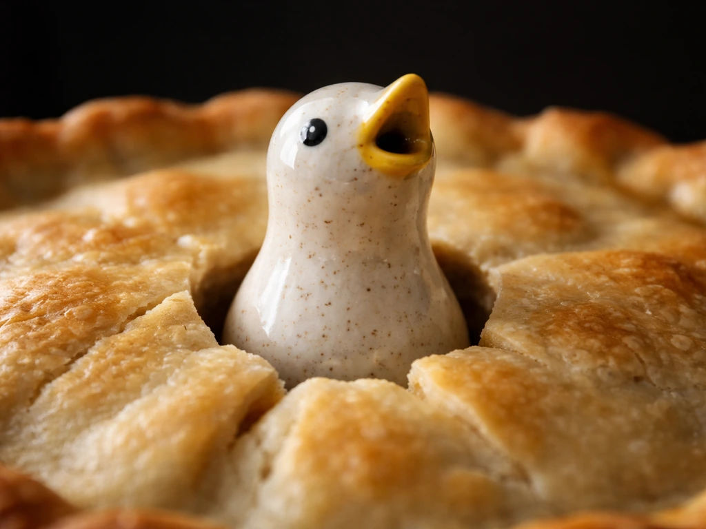 Close-up of a ceramic pie bird vent hole sitting in a pie top crust