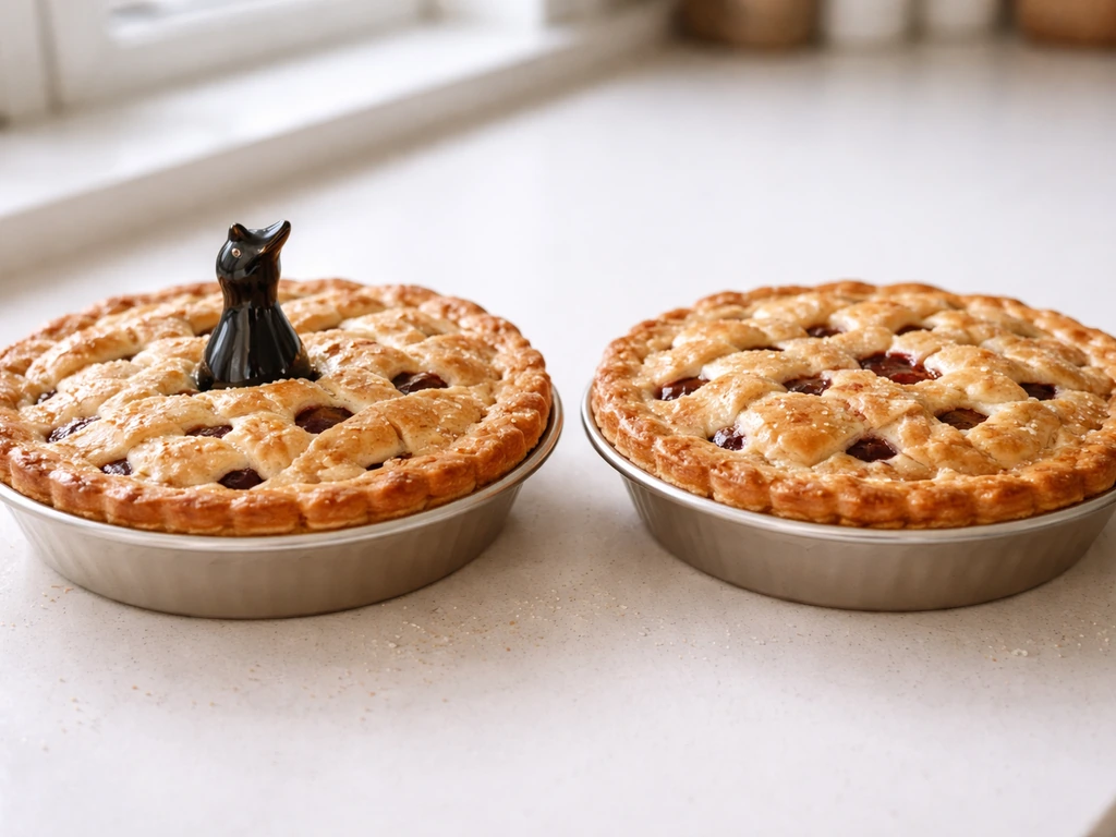 Two simple fruit pies—one with a small venting bird on top, one without—on a kitchen counter.