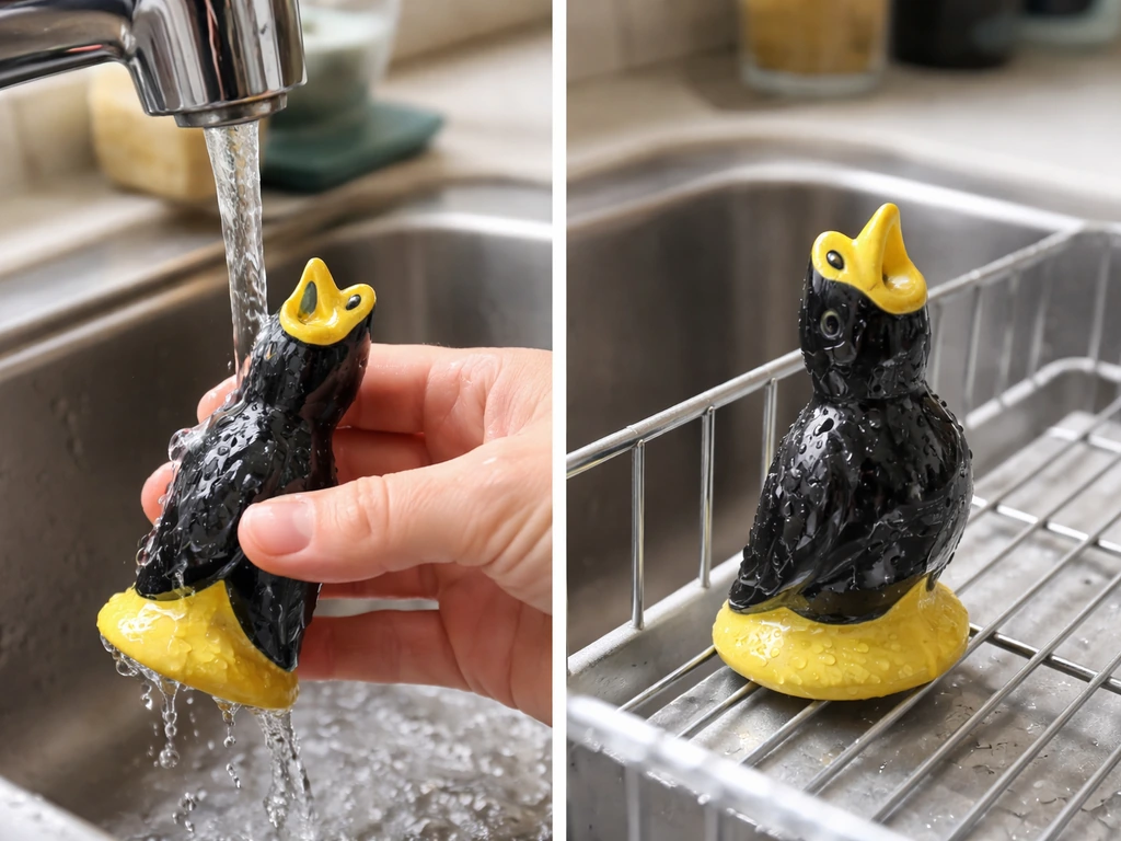 Glazed ceramic pie bird being rinsed under a faucet and air-dried on a dish rack.