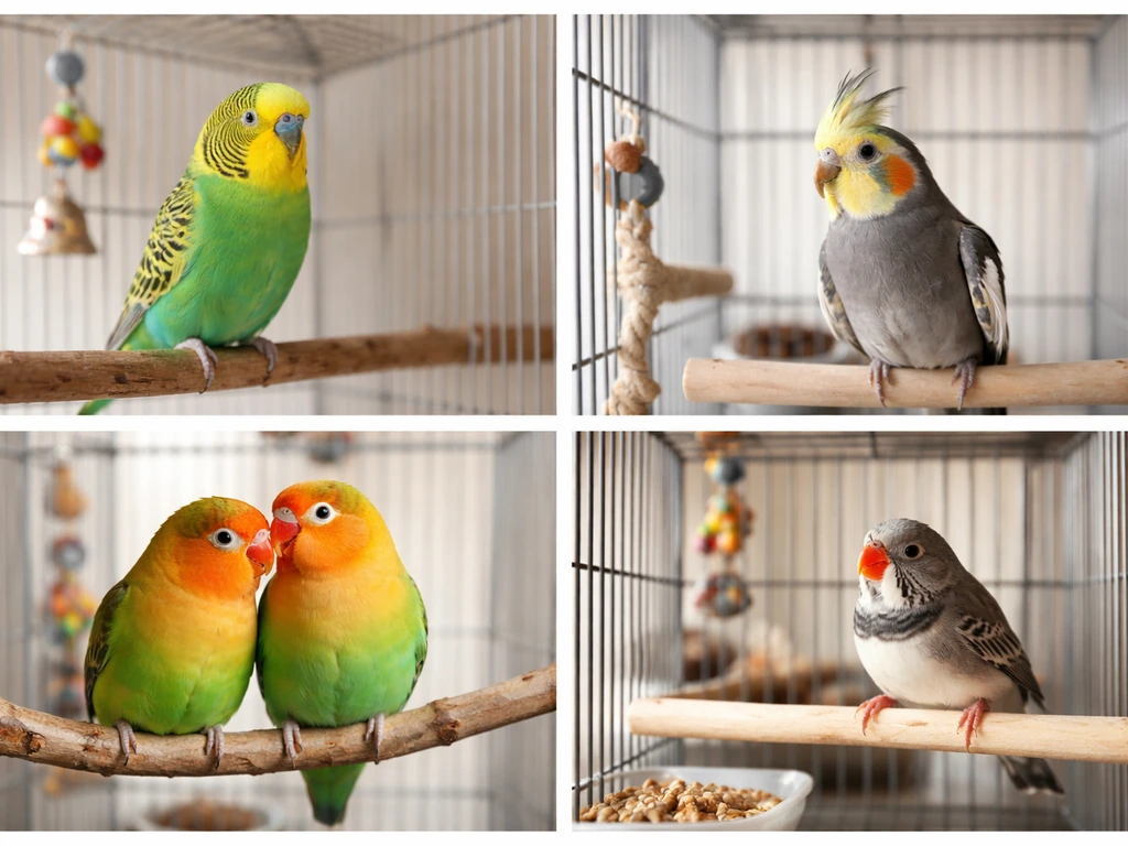 Collage of four small pet birds—budgerigar, cockatiel, lovebirds, and finch—perched in simple visible cages.