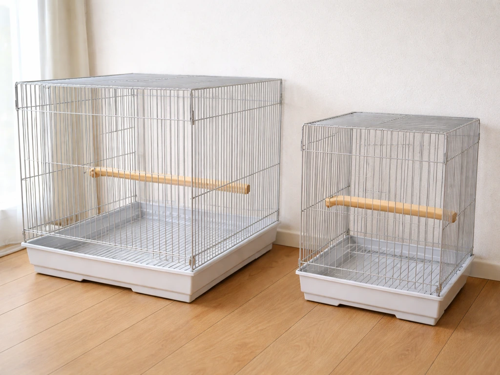 Side-by-side bird cages showing adequate cage size and safer bar spacing