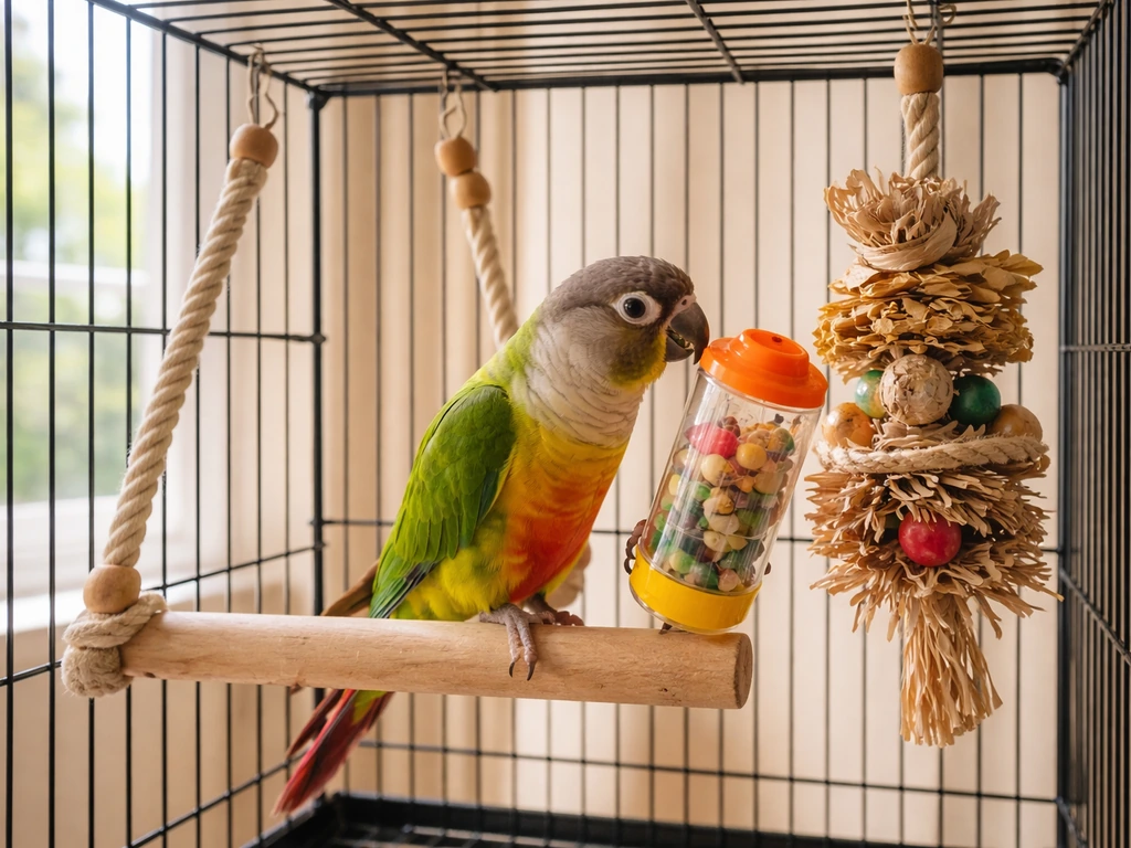 Small parrot inside a cage with a foraging toy and a shreddable perch toy in a cozy, quiet room
