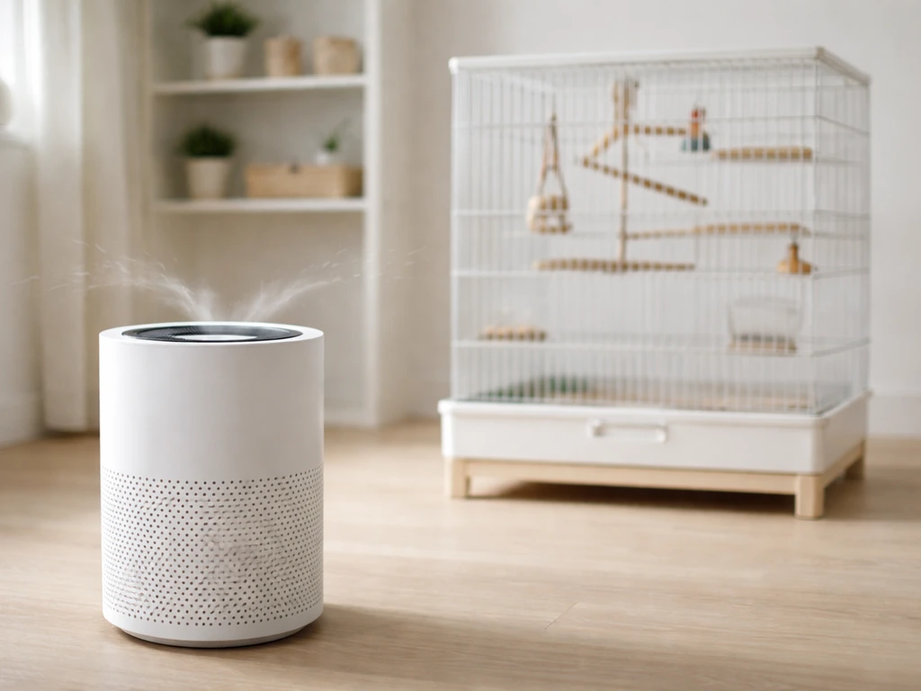 Air purifier next to a tidy bird cage in a bright room, with subtle dust-like particles captured