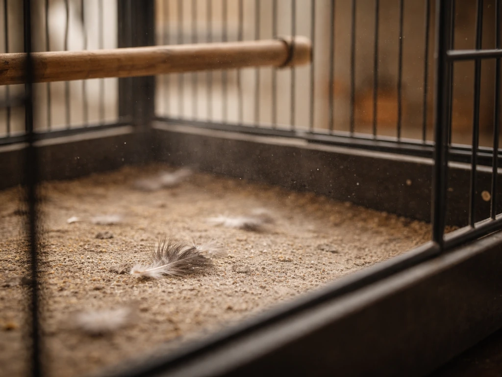 Close-up of a bird cage area with loose feathers and fine dust/dander particles in the air