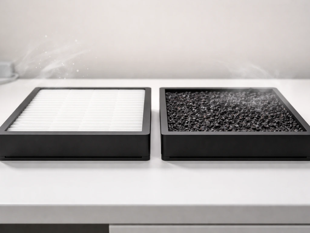 Side-by-side photo of True HEPA filter media trapping fine particles and activated carbon for odors/gases.
