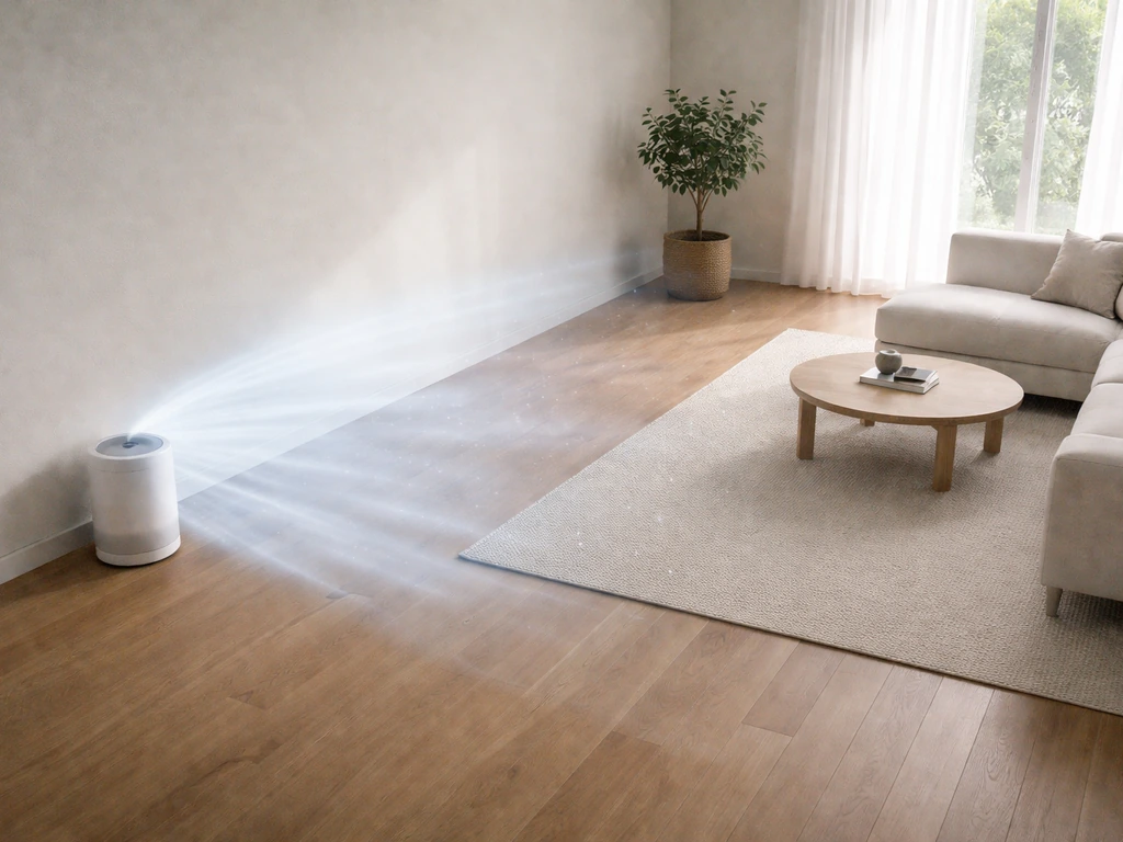 Empty room with a generic air purifier emitting clean-air flow into the space.