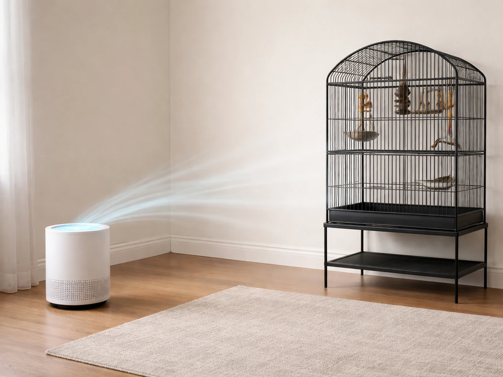 Air purifier placed close to a bird cage, showing airflow directed toward the bird area.
