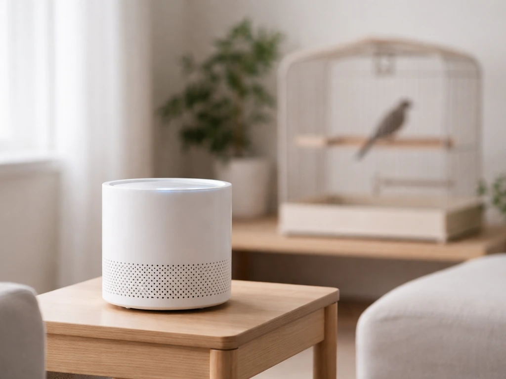 Quiet air purifier near a small bird resting area on a low table in a calm, tidy room.