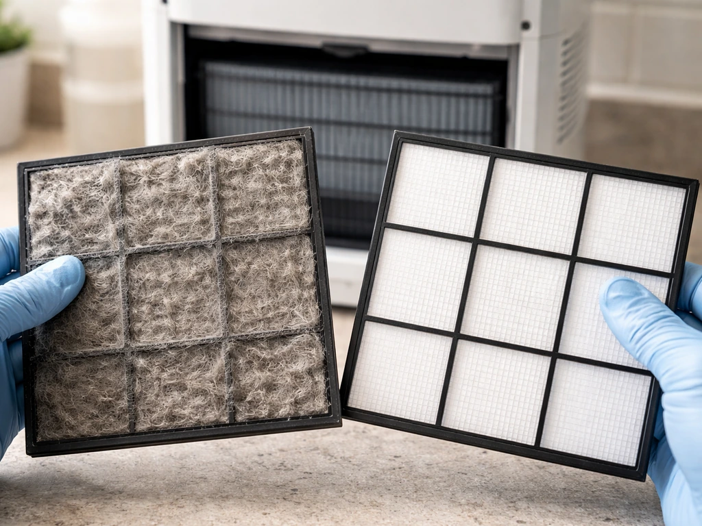 Gloved hands swapping a dirty pre-filter and clean HEPA-style filter in an air purifier, simple home setting.