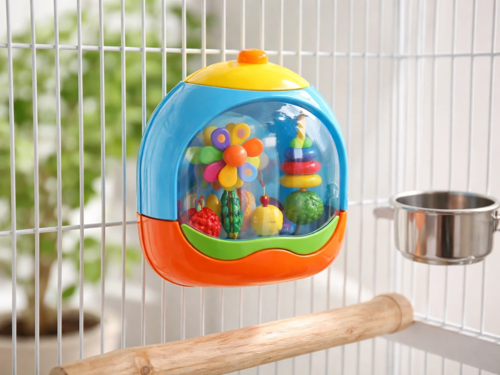Bright magnetic bird toy securely mounted inside a clean bird cage, with no exposed magnets