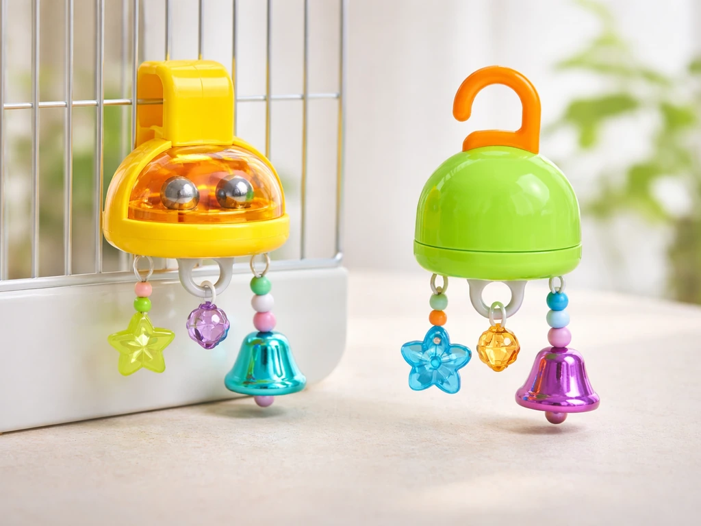 Two colorful bird magnetic toys side-by-side: one cage-mounted embedded magnet and one sealed magnet housing.