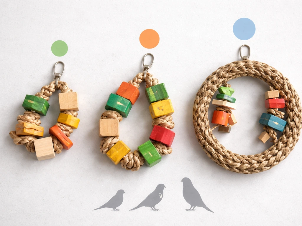 Bird-safe chew toys laid out with small-size and durability cues beside simple bird silhouette scale references.