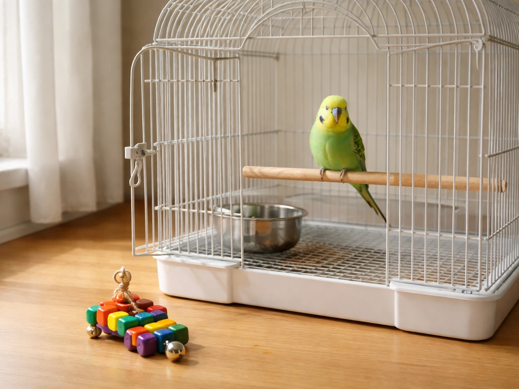 Small pet bird inside its cage while a toy sits outside the cage for a preview period.