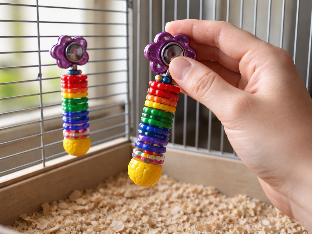 Bird enrichment: one bright magnetic toy lifted for inspection while another clean toy sits in the cage
