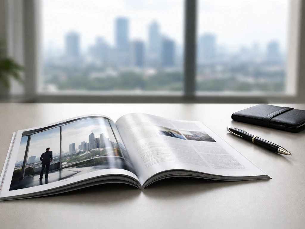 Close-up of a business magazine on a desk with a city skyline outside the window, symbolic of media and money.