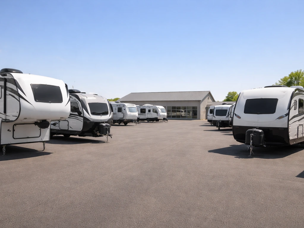 Row of RVs parked at a Camping World-style dealership lot under daylight
