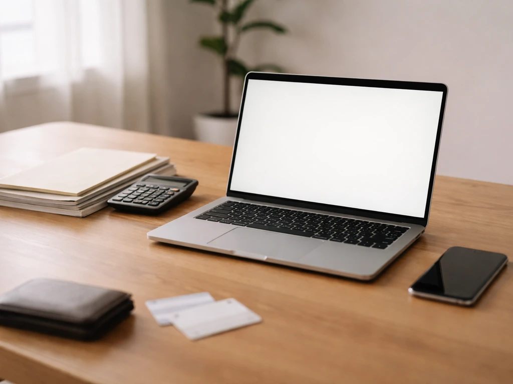 Minimal desk scene with laptop, calculator, and papers suggesting personal net-worth checking and comparison
