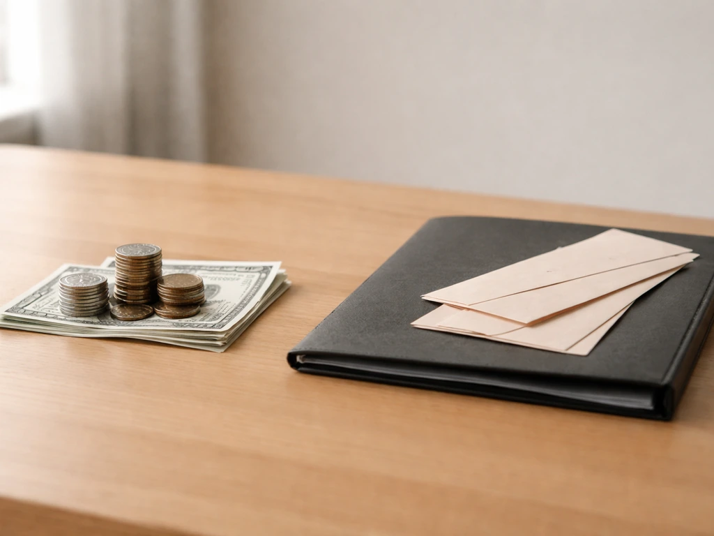 A minimalist photo of a desk scene symbolizing net worth: coins and bills beside a folder of bills/debts