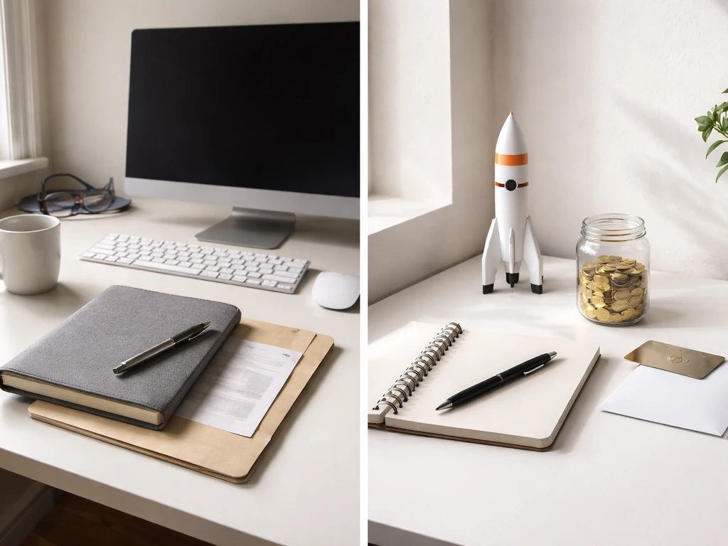 Minimal workplace scene with salary-like paperwork and a separate startup funding vibe suggesting income sources.