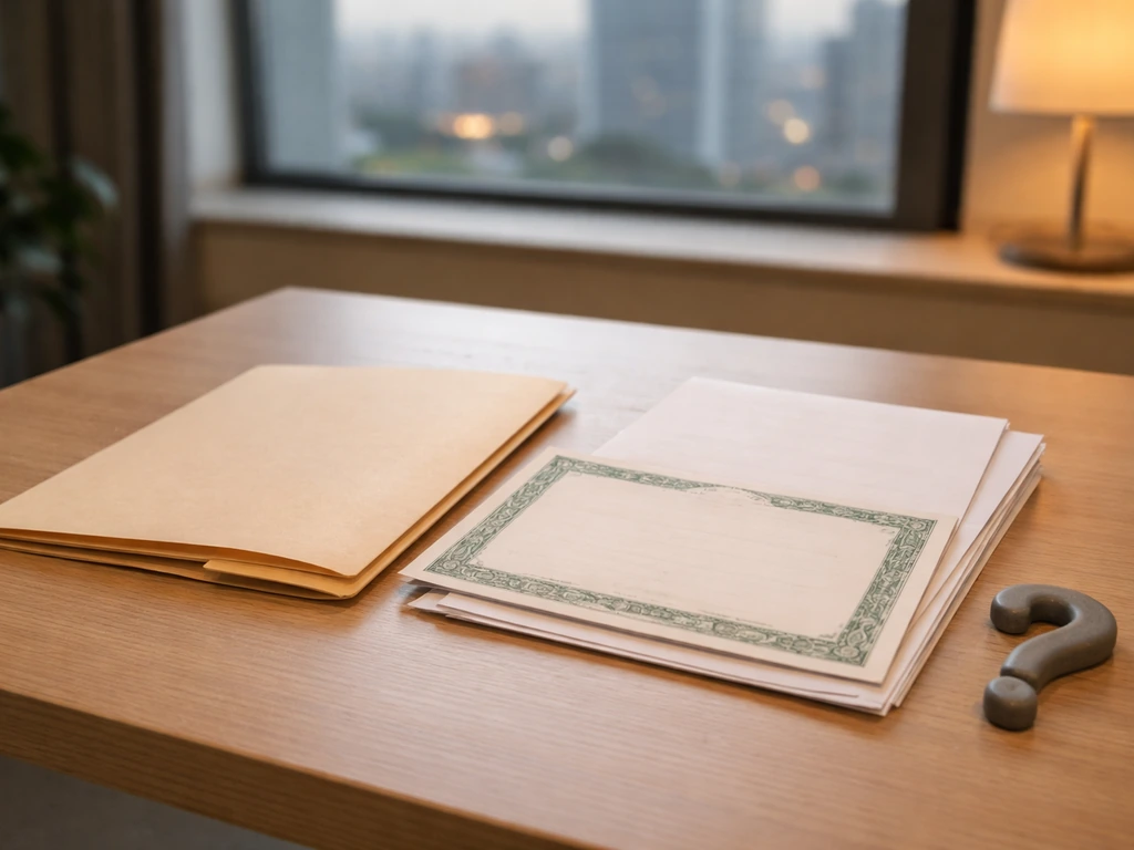 Close desk scene with generic sealed share certificate and a question-mark symbol representing valuation uncertainty.