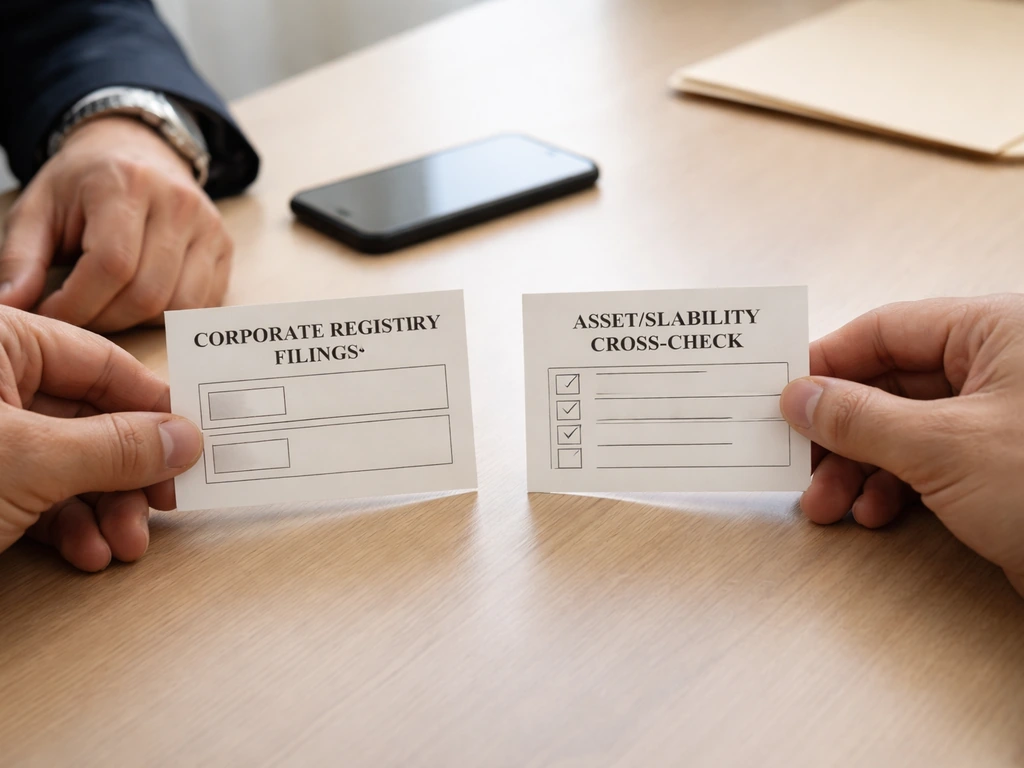 Hands placing two blank due-diligence checklist cards on a desk with a smartphone nearby.