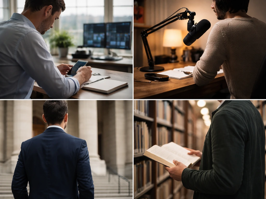 Minimal photo-style collage showing four separate anonymous figures’ industry cues to distinguish similarly named people