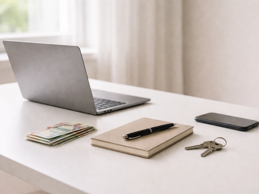 Minimal desk scene with currency and laptop suggesting finance analysis without showing any person or text.