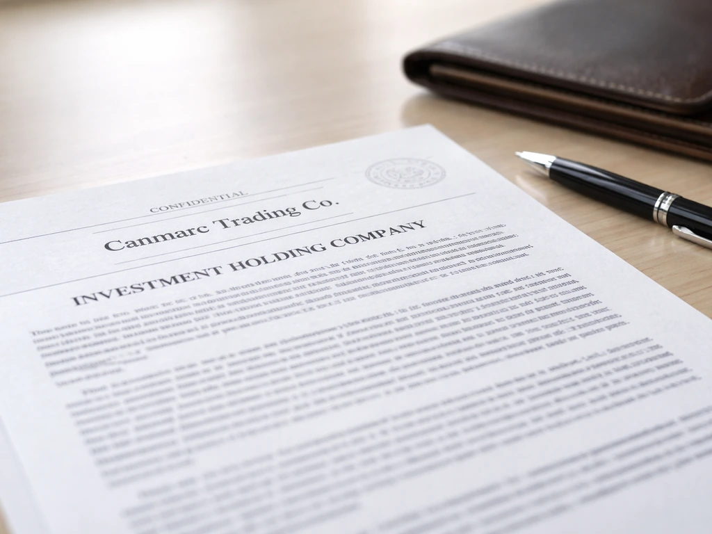 Close-up of generic SEC-style holding company document on a desk with a pen and leather portfolio.