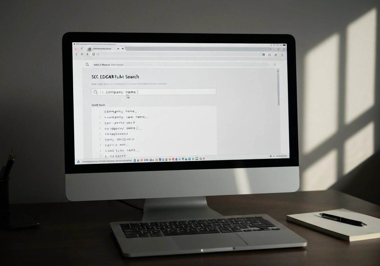 Minimal desk scene with a monitor displaying a generic SEC EDGAR full-text search flow.