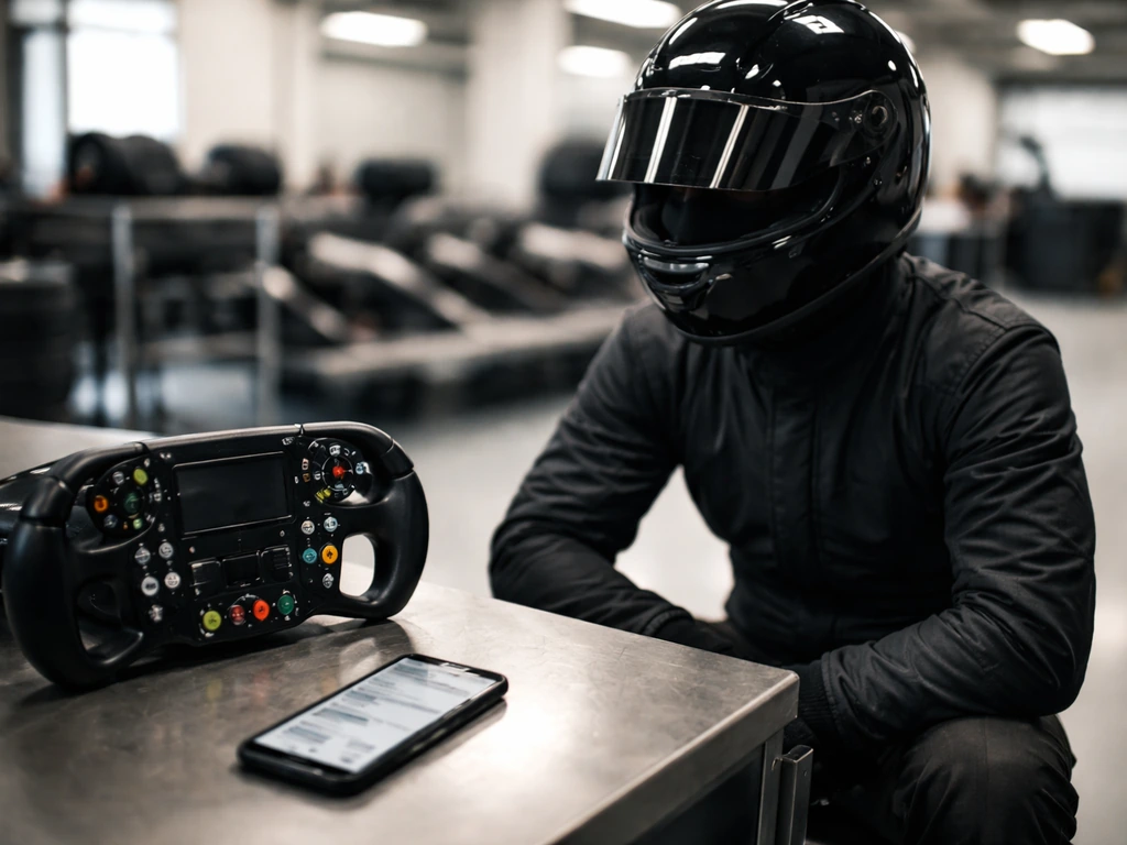 Anonymous racer in a garage with a phone showing generic search-result blocks and a steering wheel nearby.