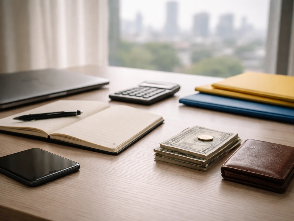 Minimal desk setup with laptop, calculator, notebook, and money symbolizing contract, taxes, and earnings inputs.