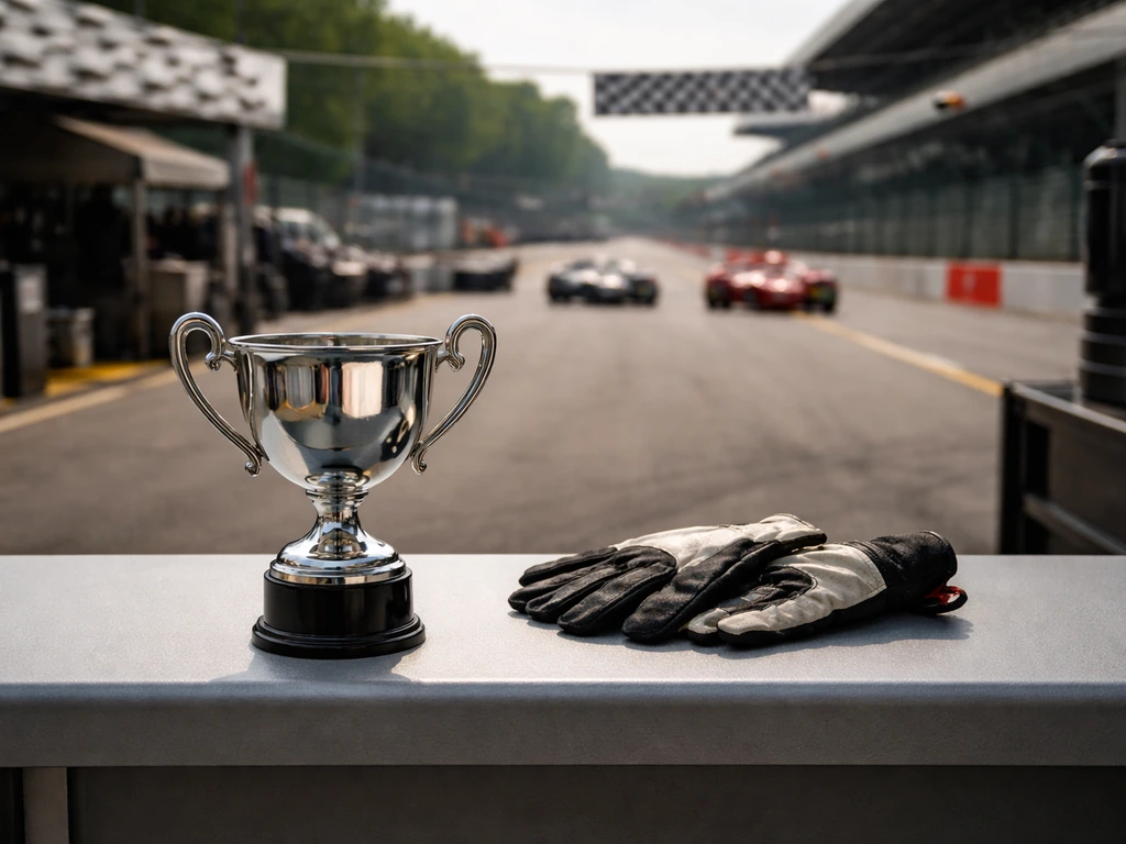 IndyCar event pit lane with a quiet trophy-like metal cup on a team desk, symbolic of racing earnings