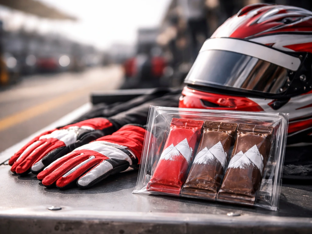 Swedish chocolate brand Huski-inspired chocolate wrapper and team-themed gear on an IndyCar pit lane